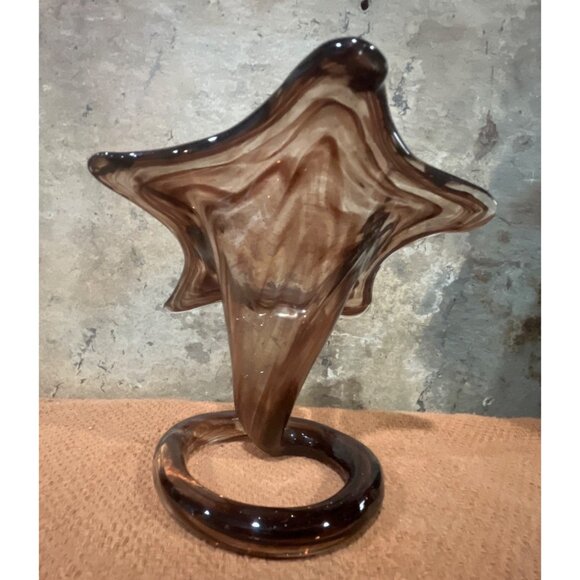 Handblown Swirled Glass Starfish Vase Smoky Amber Brown Spiral Base MCM - Picture 3 of 8